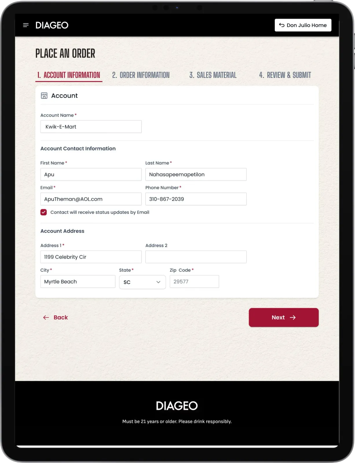 Diageo place-an-order flow on a tablet