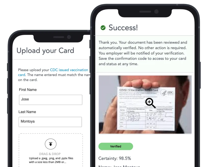 Vaccine card upload app screens