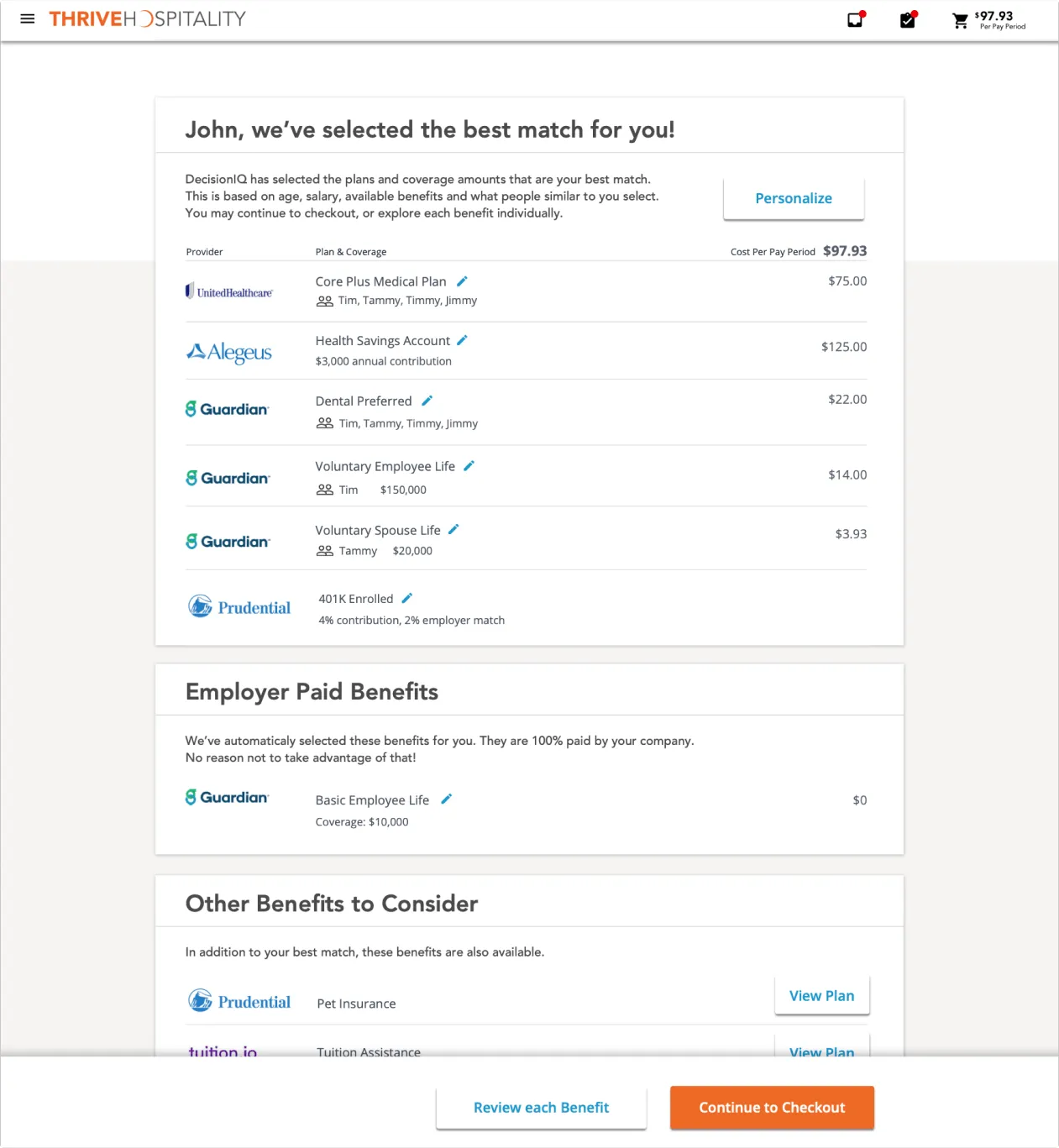 Package benefits recommendation screen