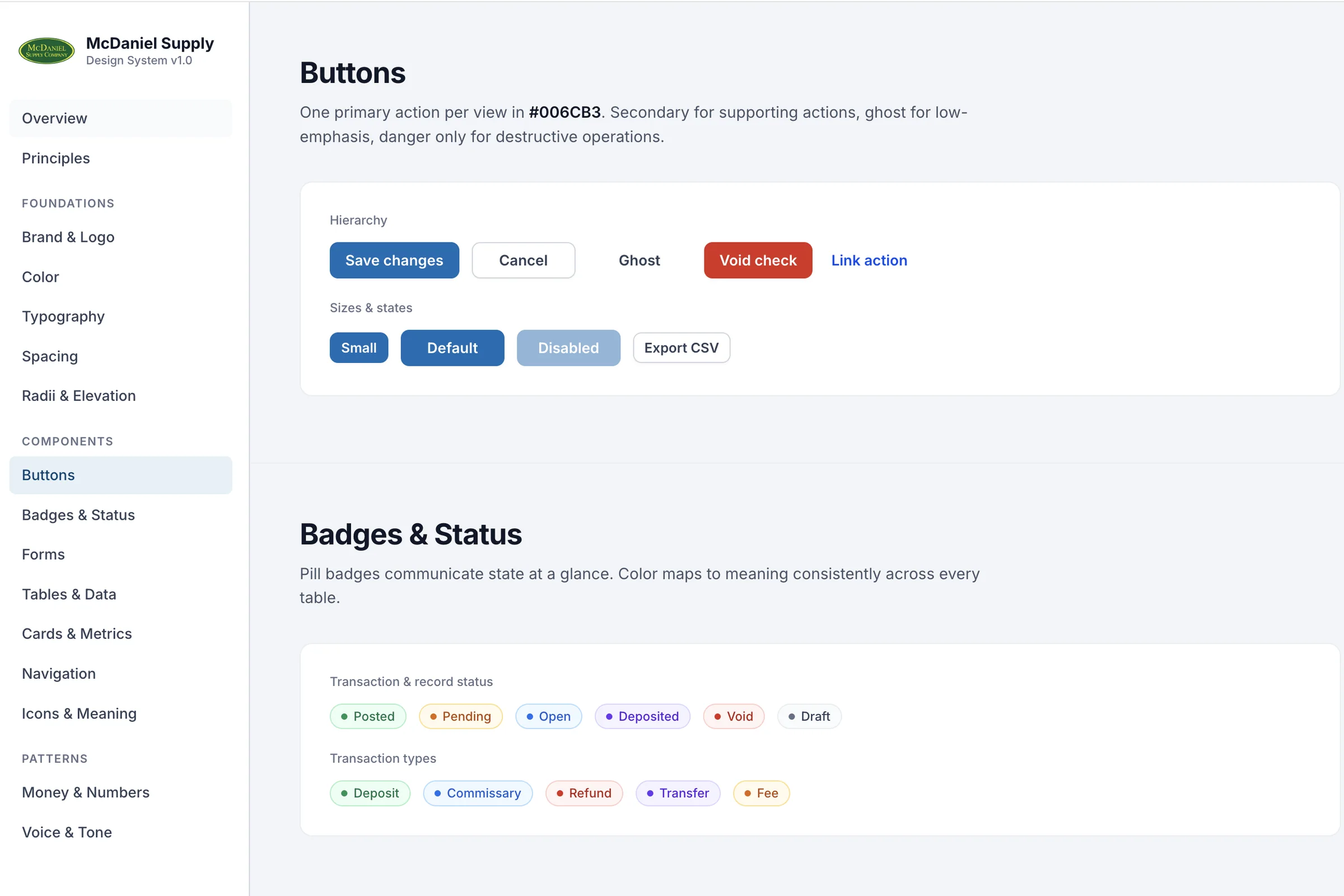 Buttons and Badges and Status pages of the design system