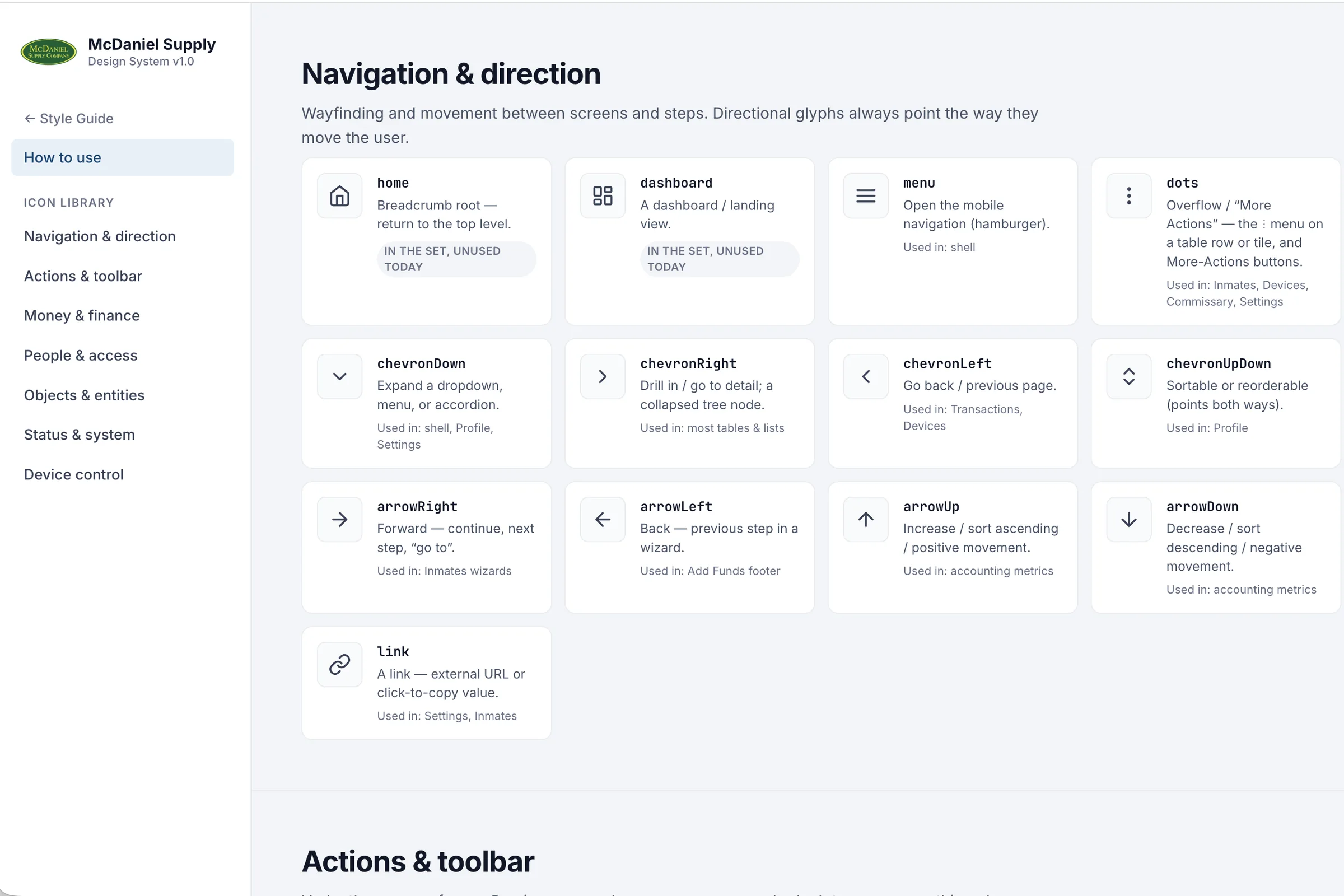 Icon library page showing navigation icons with their meaning and where each is used