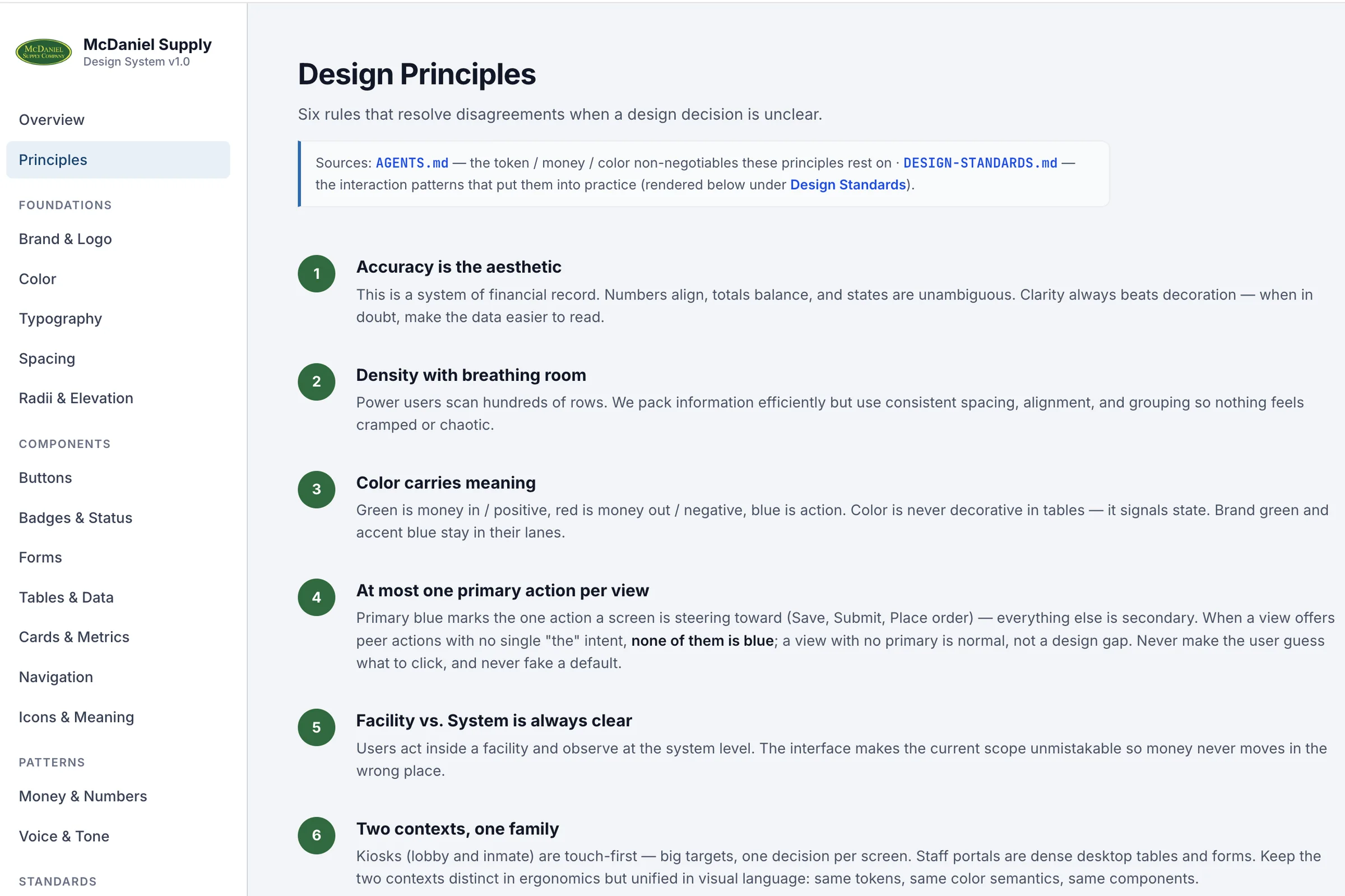 Design Principles page of the McDaniel Supply design system