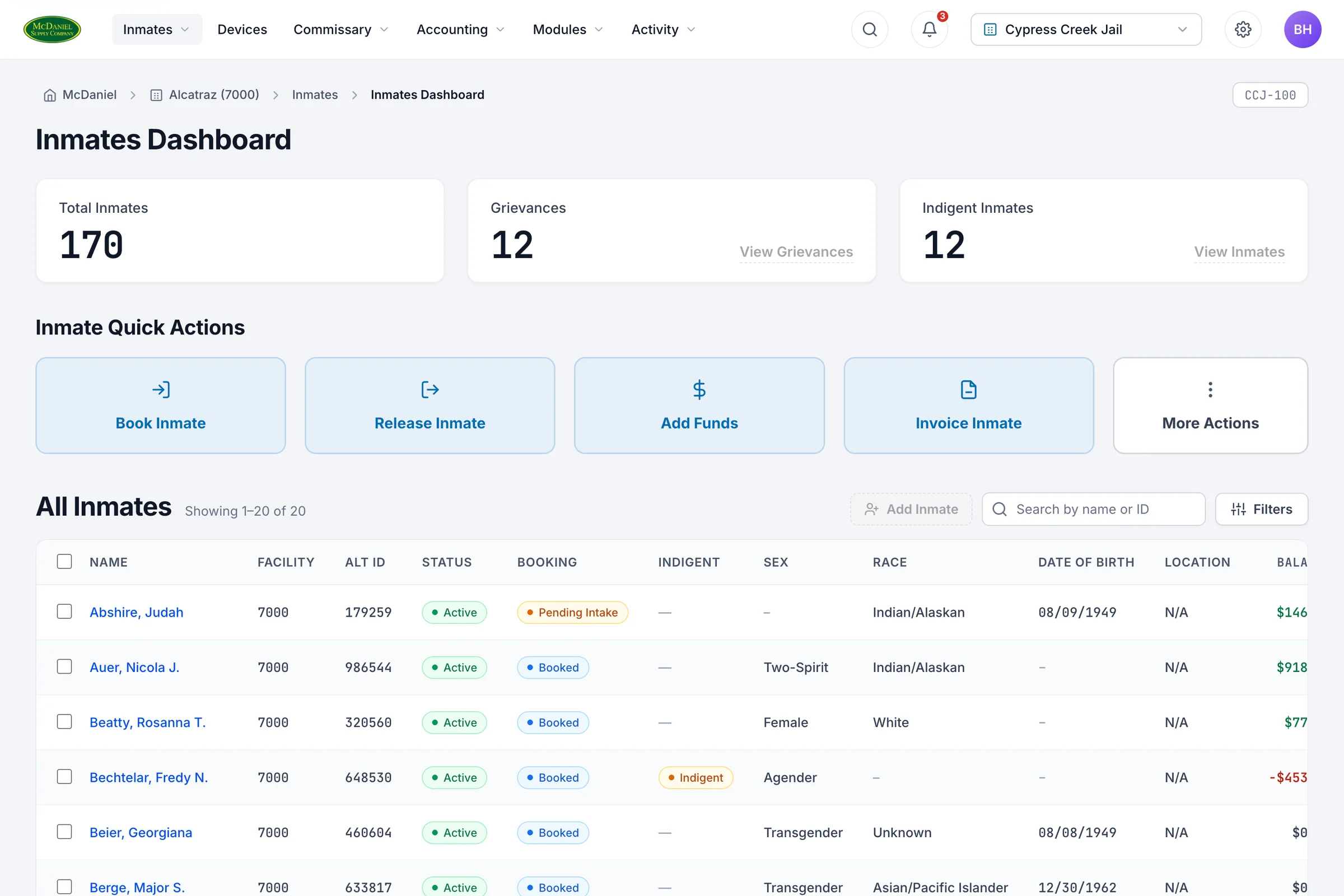 Facility inmates dashboard with counts, quick actions, and the inmate list