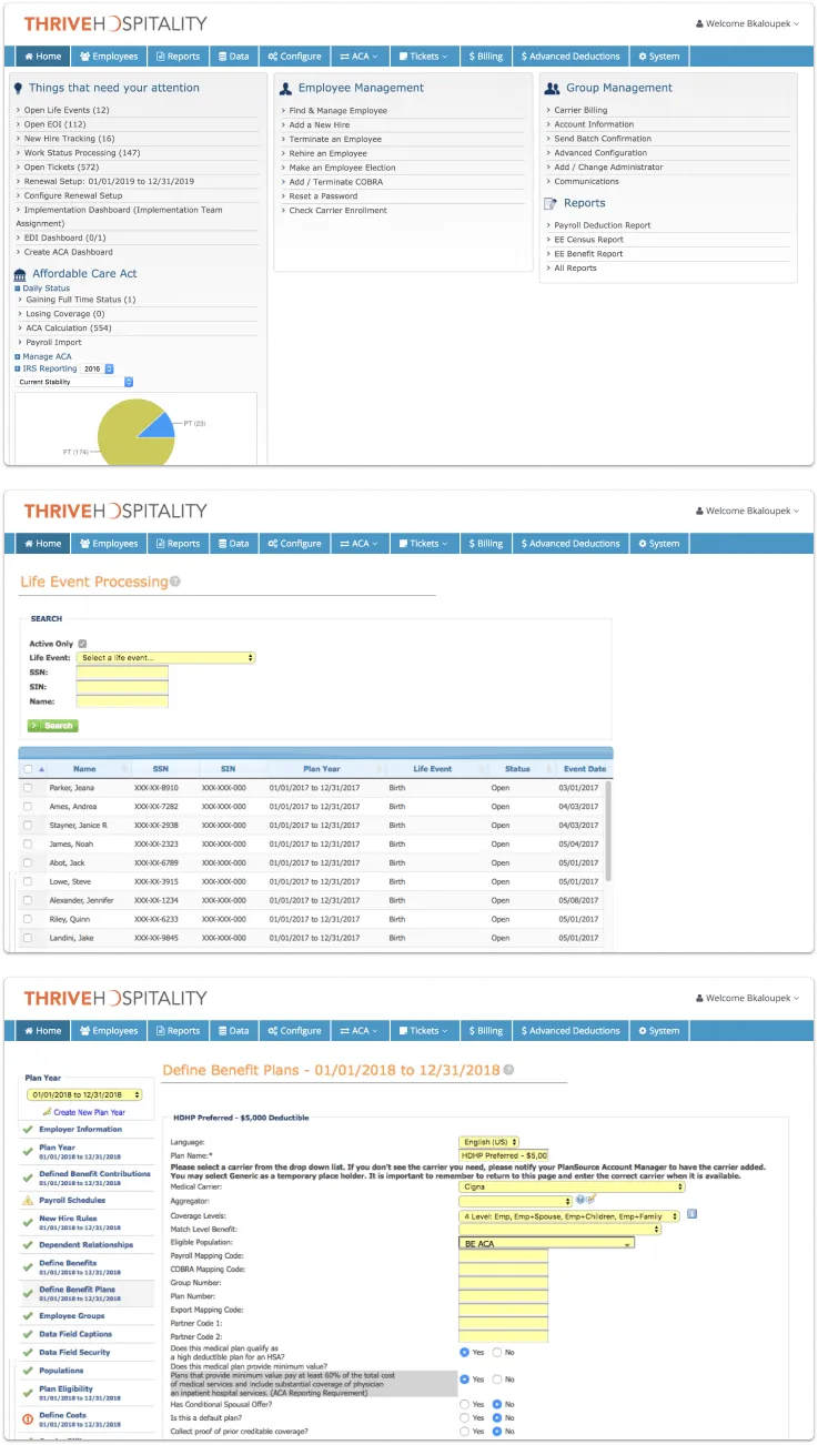 Screenshots of the legacy PlanSource admin
