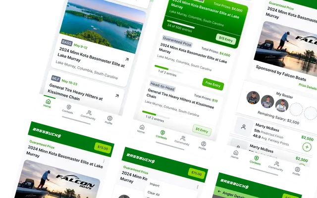 Collage of BassBucks daily fantasy fishing app screens
