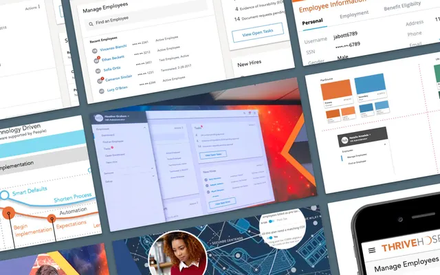Collage of PlanSource admin and HR screens built on the Gravity design system