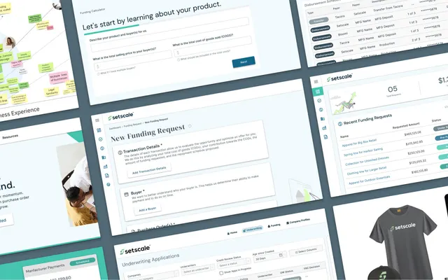 Collage of Setscale brand pieces and trade finance product screens