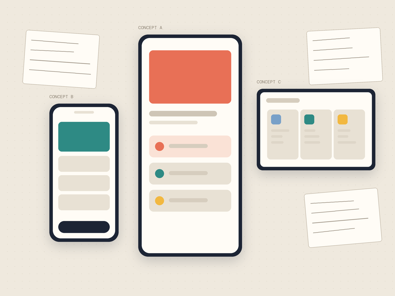 Illustration of several screen concepts side by side